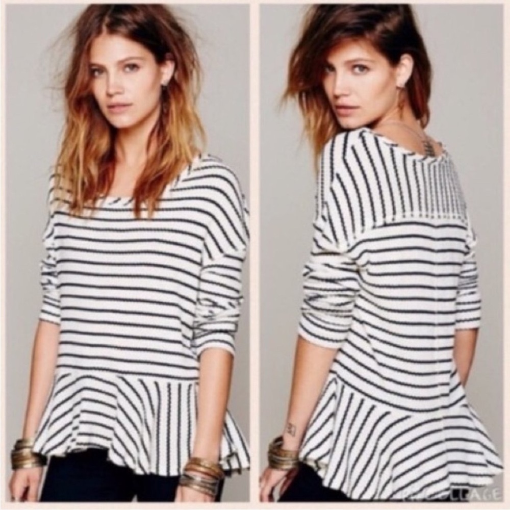Free People We the Free White and Black Auntie Em Waffle Knit Peplum Long Sleeve